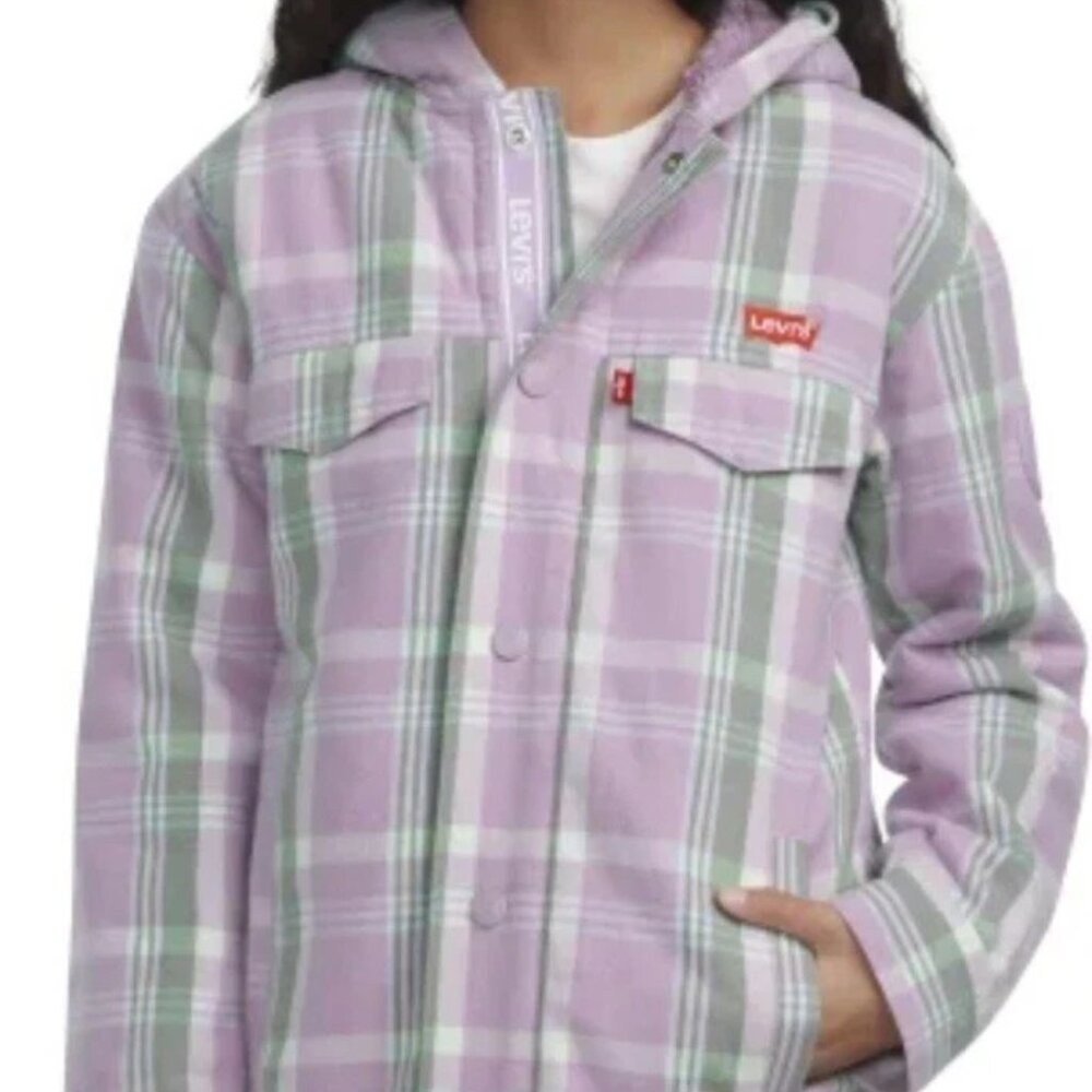 Levi's Girls Size Small 7/8 Purple Plaid Hooded Sherpa Flannel Shacket Shirt NWT - Picture 2 of 5